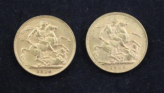 Two Edward VII gold sovereigns, 1908 and 1910,